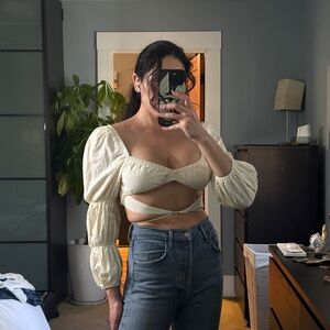 Cream Puff Sleeve Wrap Crop Top